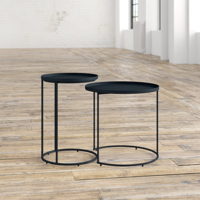 Monet 24"W Metal Industrial Nesting End Table Set with Round Fixed Tray Tops
