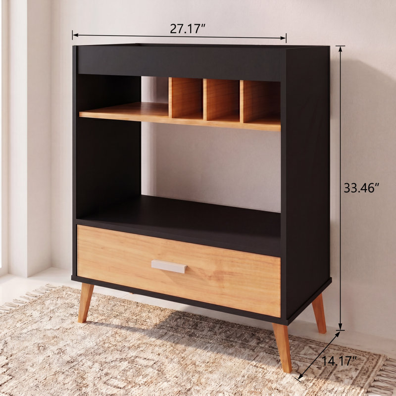 Armoire à café Boahaus Elara avec support à vin et tiroir, style Mid-Century, Noir
