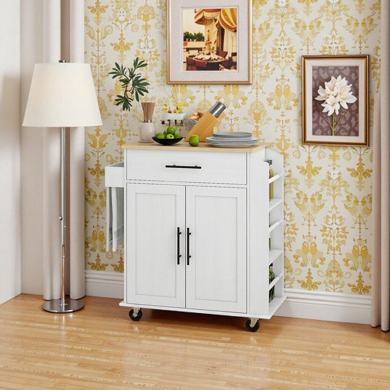 Îlot de cuisine mobile compact 30 po x 15 po avec station de charge, tiroir de rangement, support à épices et roues