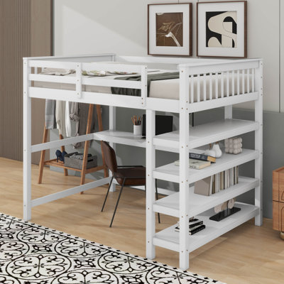 Lit mezzanine double avec tablettes de rangement et bureau