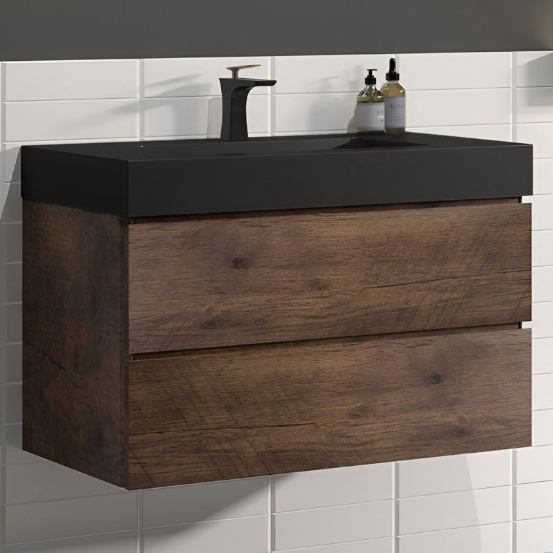30 Inch Wall-Mounted Single Bathroom Vanity with Solid Surface Top with Overflow, Pre-Assembled, Walnut, Matte Black, 30"