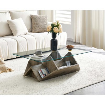 Tempered Glass & MDF Coffee Table with Carved Knife Wood Grain, Multi-Storage Open Compartments Coffee Table for Living Room Office Modern Home Decor