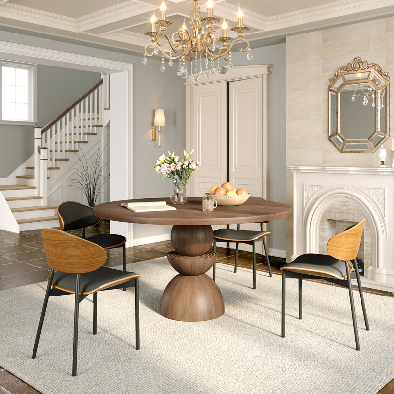 Ensemble de 5 tables de salle à manger Mid-Century rondes en bois massif avec chaises de cuisine rembourrées confortables pour 4