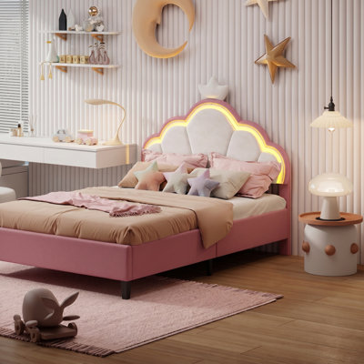 4Ft4 Upholstered Bed, Velvet Princess Bed With Light And Adjustable Crown Shape Headboard, Single Girls Bed Platform Bed With Wood Slats For Children, Pink(No Mattress, 135X190cm)