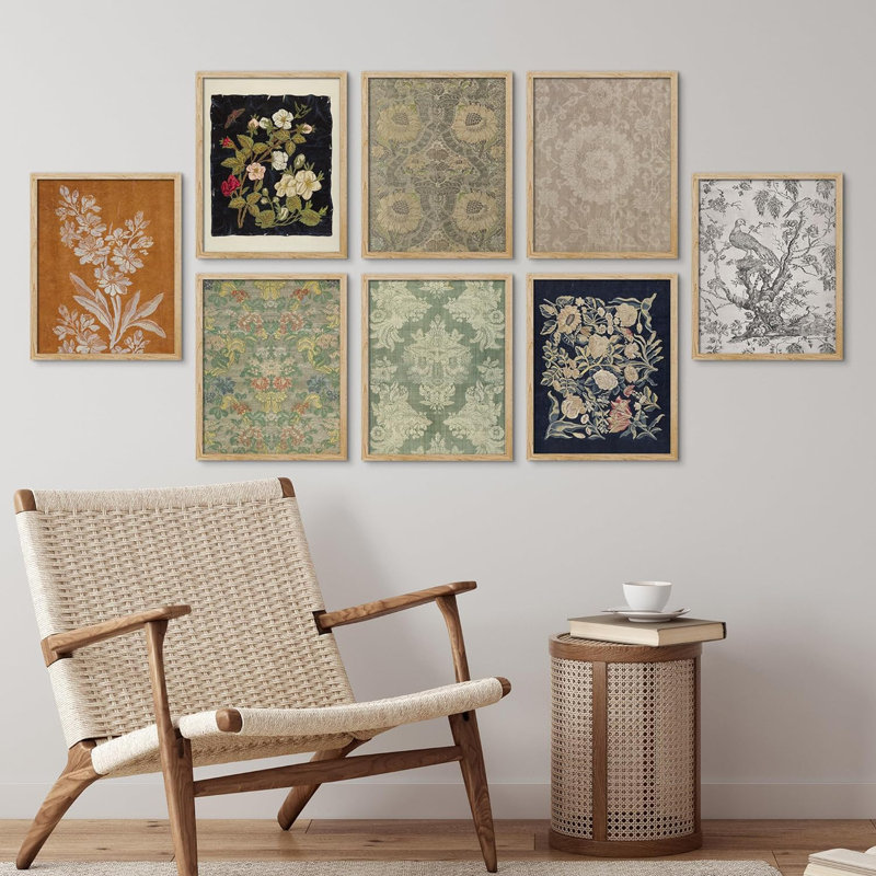 «Abstract Floral Botanical Toile Flower», reproduction de papier encadrée sur papier, 8 pièces, L 12 po x H 16 po