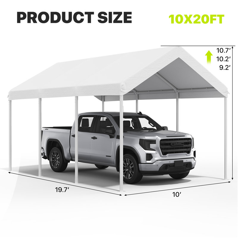 Abri d'auto 10 x 20 pi avec hauteur réglable, Blanc