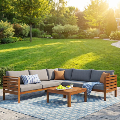Ensemble de canapé d'extérieur en bois d'acacia de style japonais avec coussins beiges - sièges de jardin et de patio flexibles