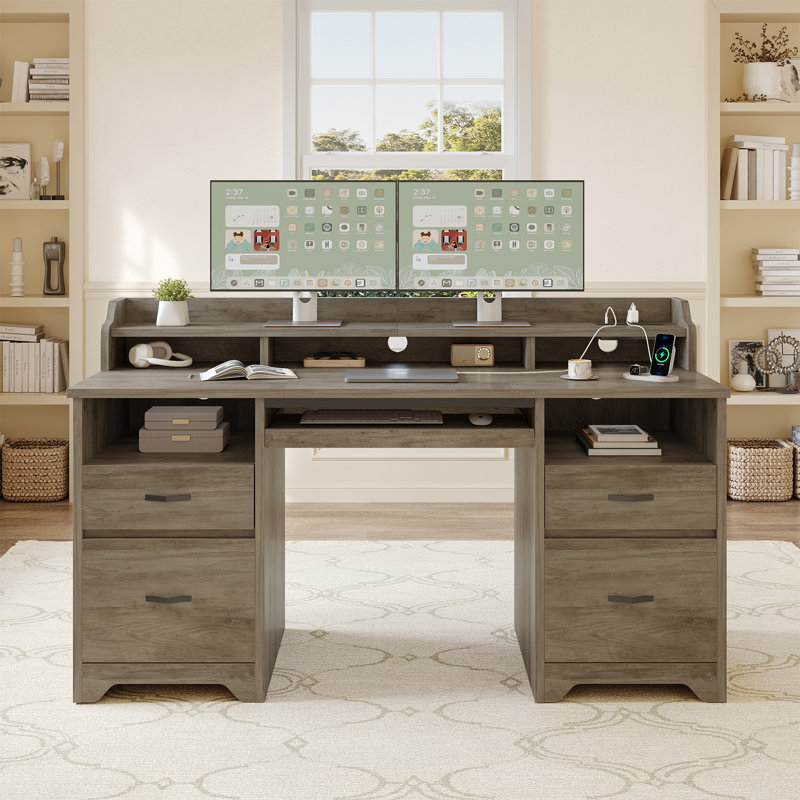59" Executive Computer Desk with Power Strip, Home Office Desk with 2 Storage and 2 File Drawers, Gray