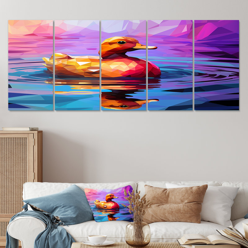 Canard jaune sur un lac mauve - canard, art mural 5 pièces, H 32 po x l 80 po