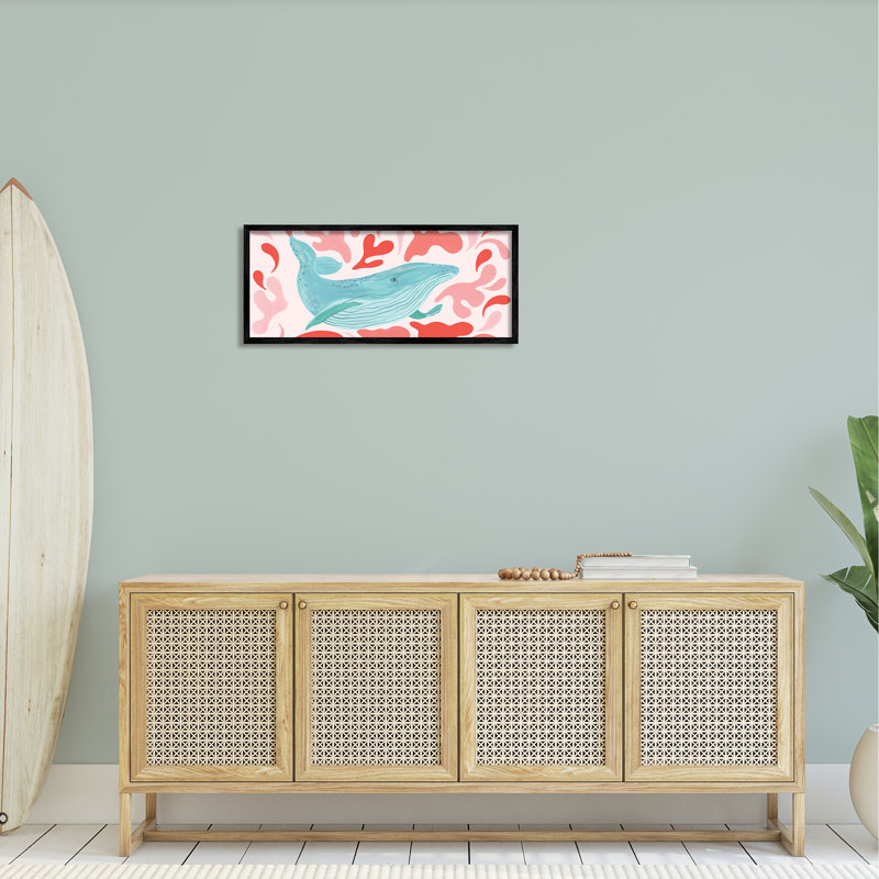 Baleine nautique rose abstrait, Giclée encadrée noir minuit, H 13 po x l 30 po x P 1,5 po