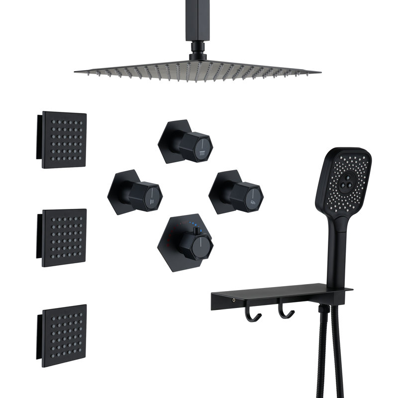 Système de douche thermostatique 12 "avec 3 jets de corps et tablette de rangement, Noir mat