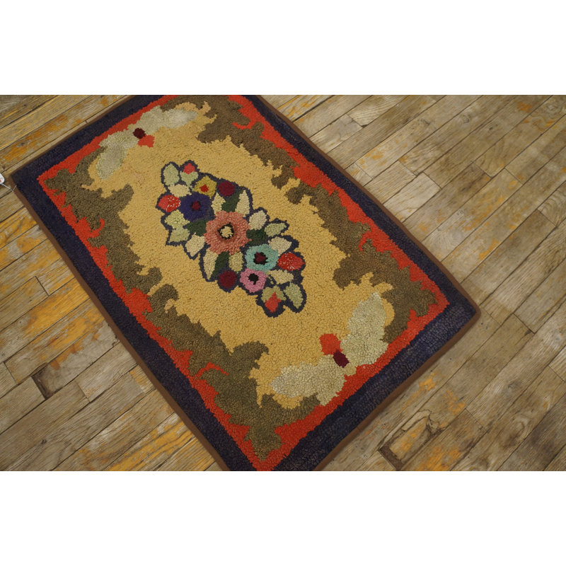 Antique American Hooked Wool Multicolor Jewel Tones Rug