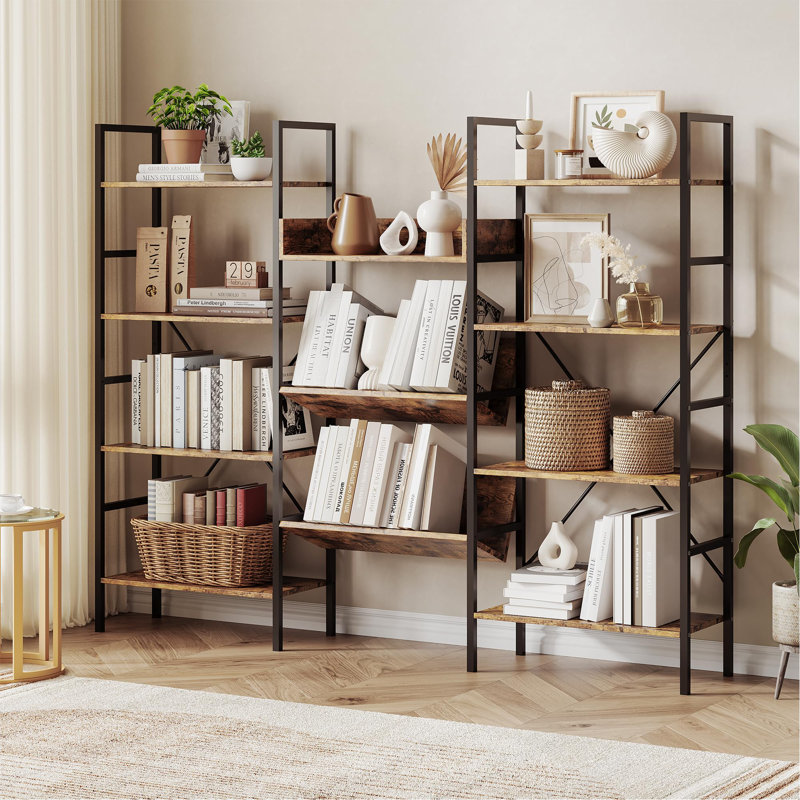 Industrial 4-Tier Triple Wide Bookcase with Metal Frame and Adjustable Shelves for Home Office, Living Room, Bedroom Storage
