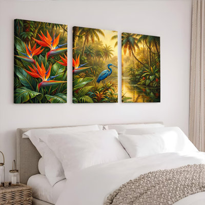 «Tropical Paradise» avec oiseau de paradis et héron, reproduction d'art sur toile tendue sur toile, ensemble de 3