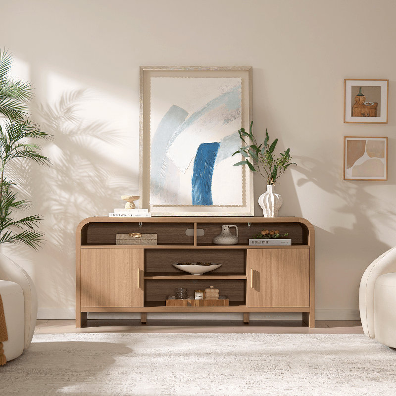 Elegant Curved TV Stand With Hidden Storage For Tvs Up To 65", Oak
