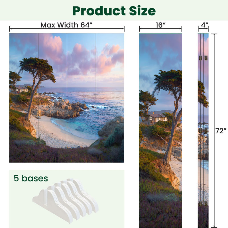 Cloison pliante 4 panneaux Royal Seascape Bay arbres Sunset California, 4, 71" H x 64" W x 1" D