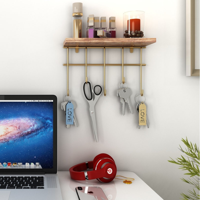 Tablette murale moderne en bois massif avec supports en métal, 7,9 po x 3,9 po x 10,6 po | 100% bois véritable, finition dorée et brune | Supporte jusqu'à 4,4 lb | Parfait pour la décoration intérieure, industrielle et de fantaisie