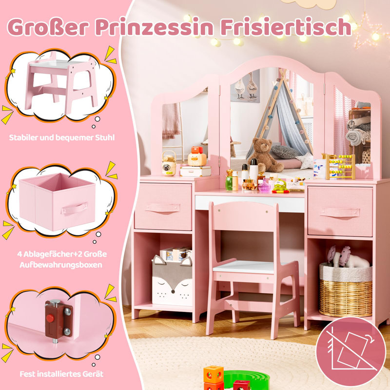 Dressing Table with Mirror, White/Pink
