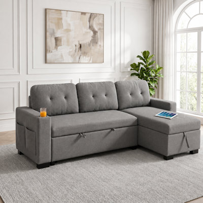 82" Sleeper Sectional Sofa with Pull-Out Bed, Convertible L-Shaped Couch with Reversible Storage Chaise, USB Ports, Cup Holders & Side Table for Living Room, Small Space, Apartment
