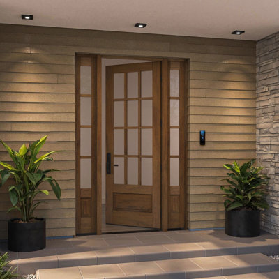 G7512-SW-96_1-2 | 96" Single Door + 2xSidelites, RTA Prehung Exterior, SDL 12 Lite 3/4 Lite, 1 Panel, Unfinished Mahogany Wood