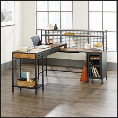 Bureau industriel en forme de L avec plateau spacieux, 2 tiroirs, tablettes et porte en métal pour une utilisation polyvalente à la maison ou au bureau