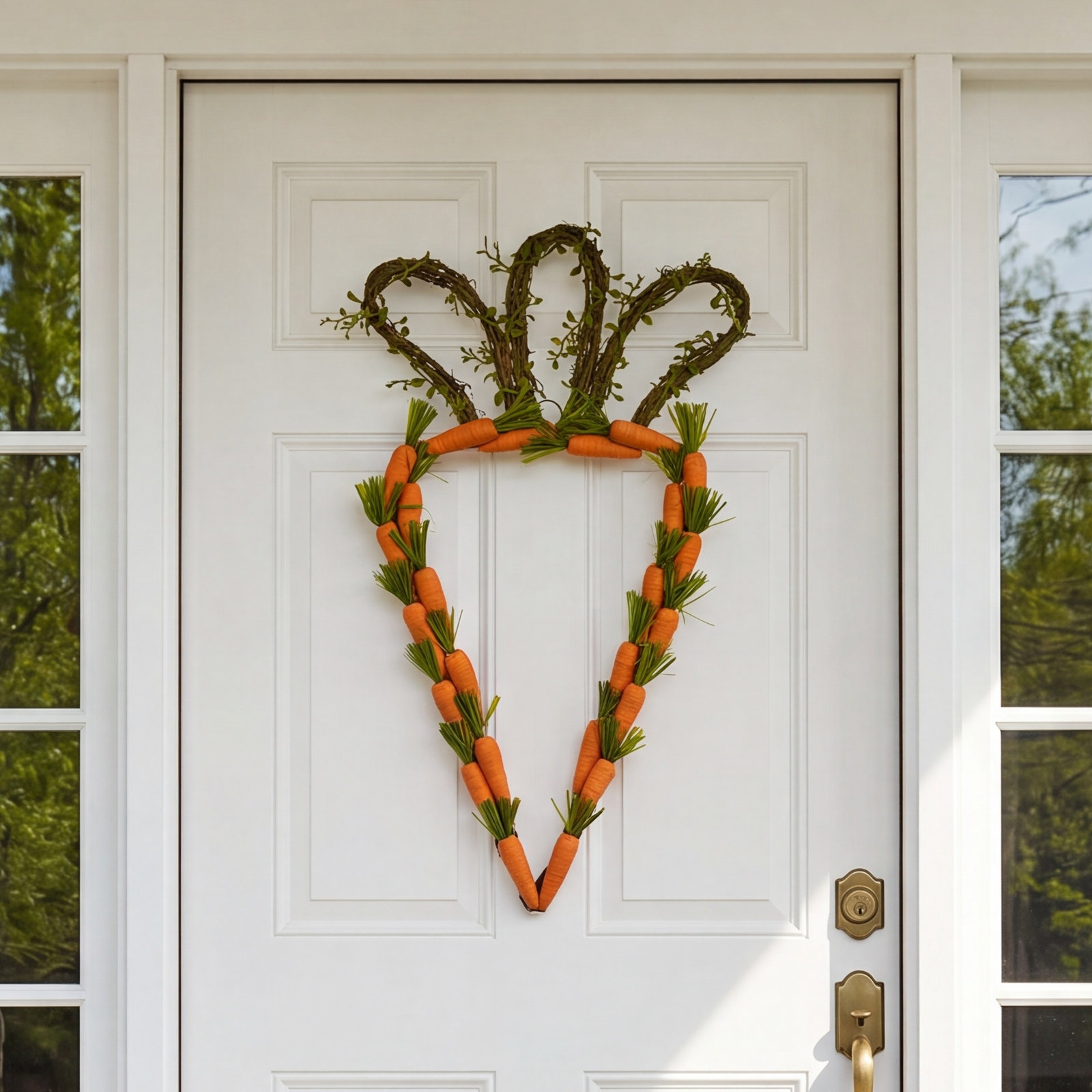 22" Artificial Orange Carrot Wreath. Features orange carrots on a carrot shaped wreath.