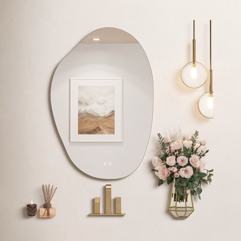 Frameless Asymmetrical Wall Mirror with Built-In Lighting, 36" x 24"