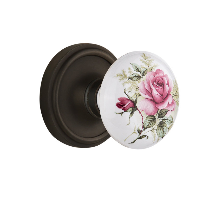 Classic Rosette with White Rose Porcelain Door Knob, Oil-Rubbed Bronze
