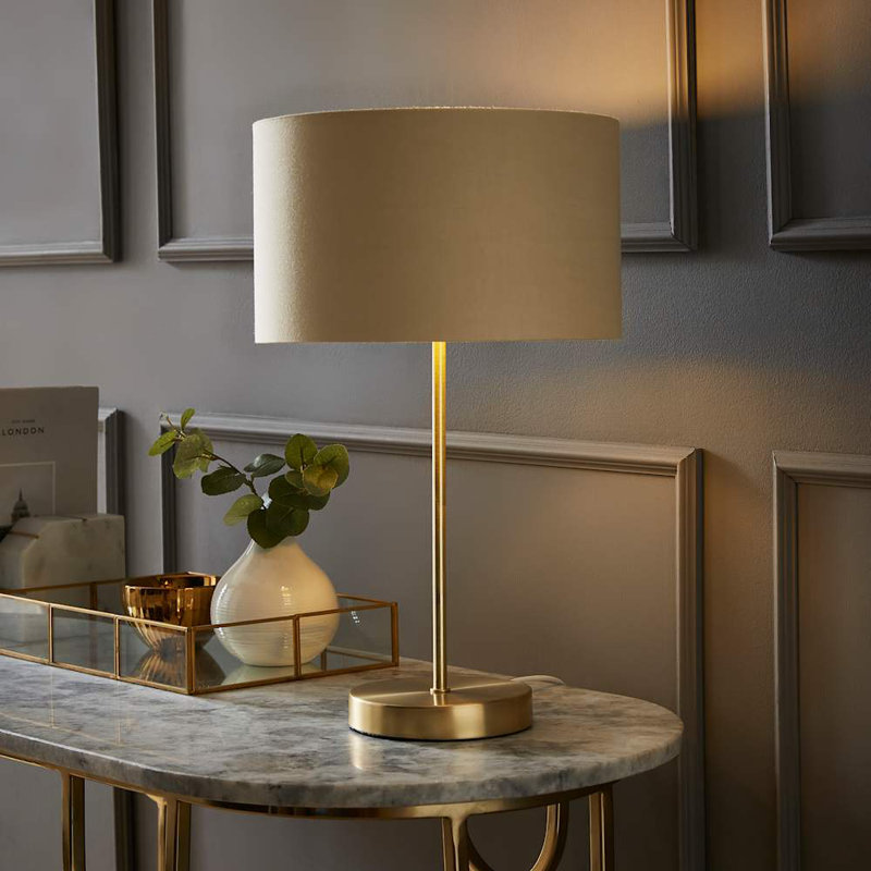 Dadiva Brushed Chrome Stem Table Lamp with Velvet Reni Shade, 43cm H x 25 cm W x 25cm D, No, Gold Base/Cream Shade