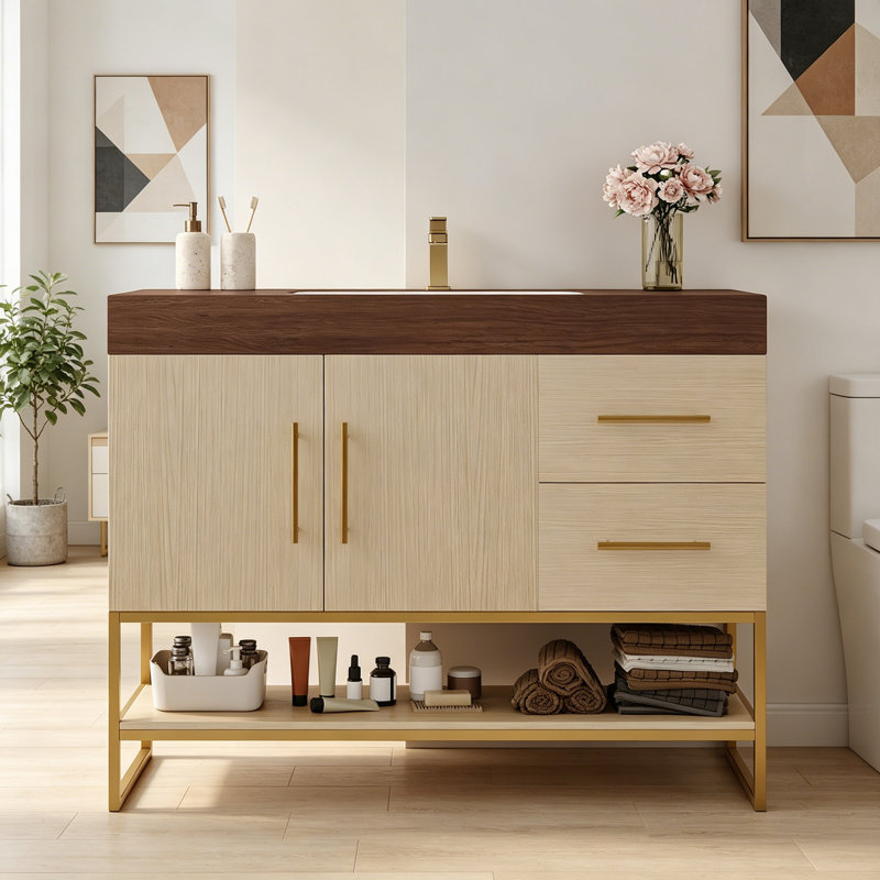 Meuble-lavabo avec lavabo, 2 tiroirs et pieds en métal, Natural
