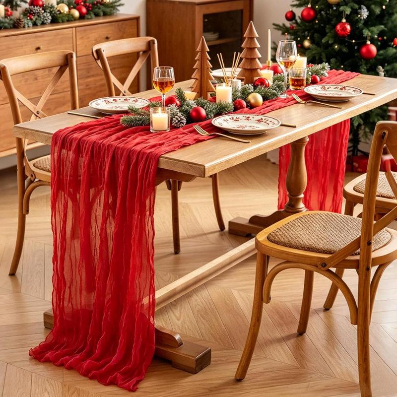 Chemin de table rouge 6 pièces, chemin de table rouge 10 pi en gaze rustique 35 * 120 pouces pour décoration de mariage