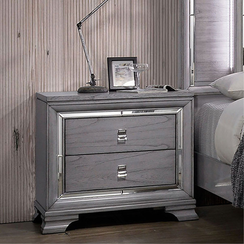 Table de chevet 2 tiroirs en bois avec bordure miroir