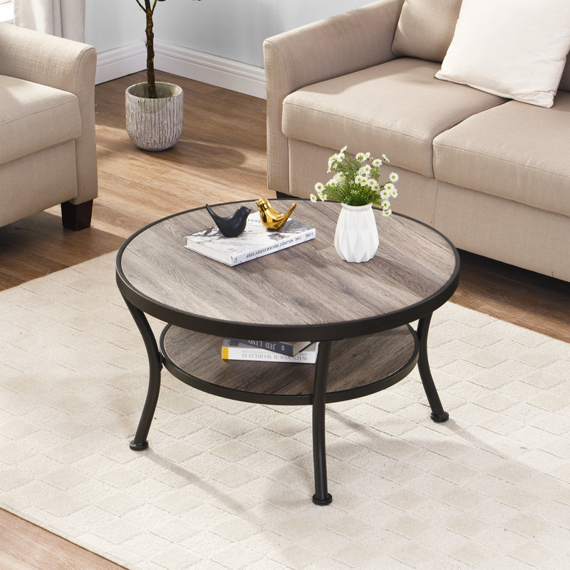 Aderes Round 2-Tier Coffee Table with Scalloped Edges, Brownish Gray/Black