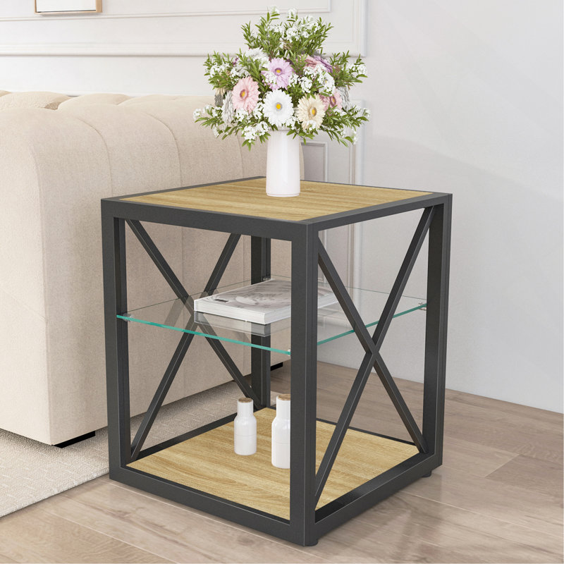 Table de chevet moderne 1 pièce pour chambre à coucher et salon, plateau en panneau de fibres à densité moyenne en bois trempé et en bois naturel, table d'appoint de style industriel