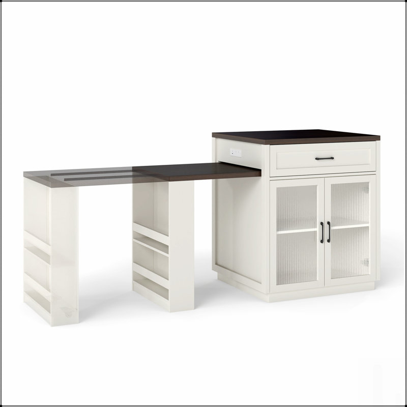 Îlot de cuisine extensible avec table coulissante, supports de rangement et prise de courant pour 2 à 6 personnes, finition grain de bois noyer