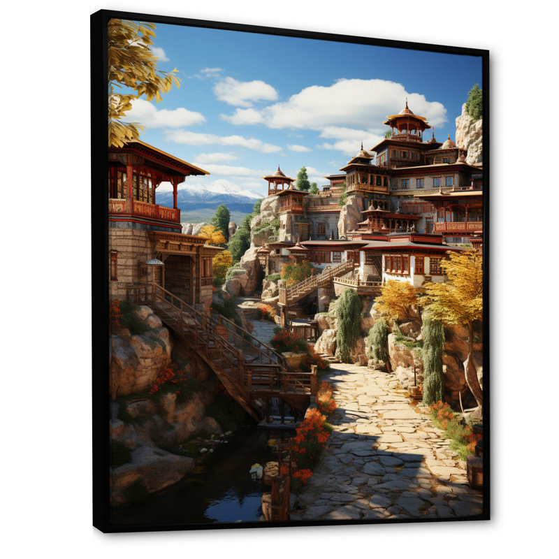 Art asiatique, monastère tibétain IV sur toile, H 20 po x l 12 po x P 1 po, Cadre flottant noir