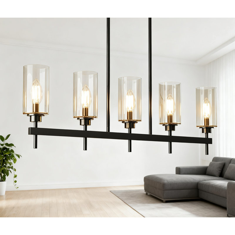 Luminaire suspendu linéaire à 5 lumières pour îlot de cuisine et salle à manger Tribesigns, lustre de ferme à hauteur réglable avec abat-jour en verre transparent, plafonnier moderne noir mat