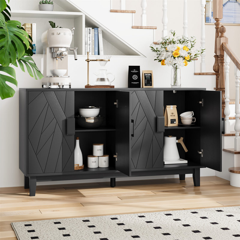 Buffet de style moderne avec une géométrie irrégulière, des tablettes réglables et un rangement polyvalent pour le salon et la salle à manger