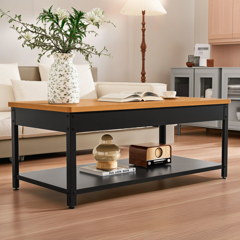 Table basse de rangement sécurisée 47,2 "- verrou d'empreinte digitale et compartiment caché, Bois naturel