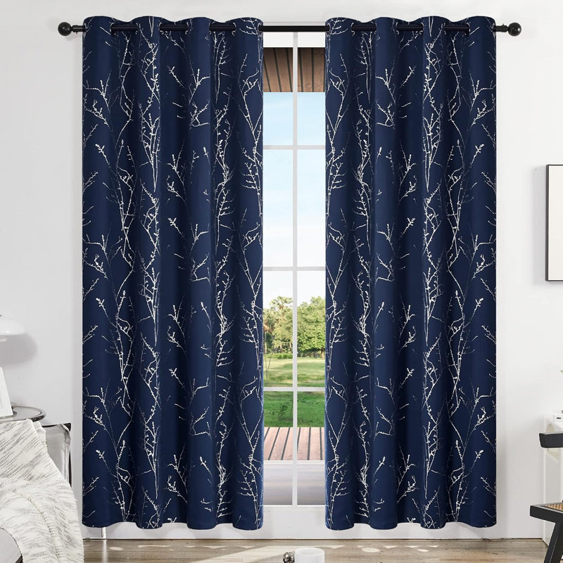 Navy Blue Blackout Curtains with Silver Tree Branch Eyelet Design 132 x 160 cm, 2 Panels