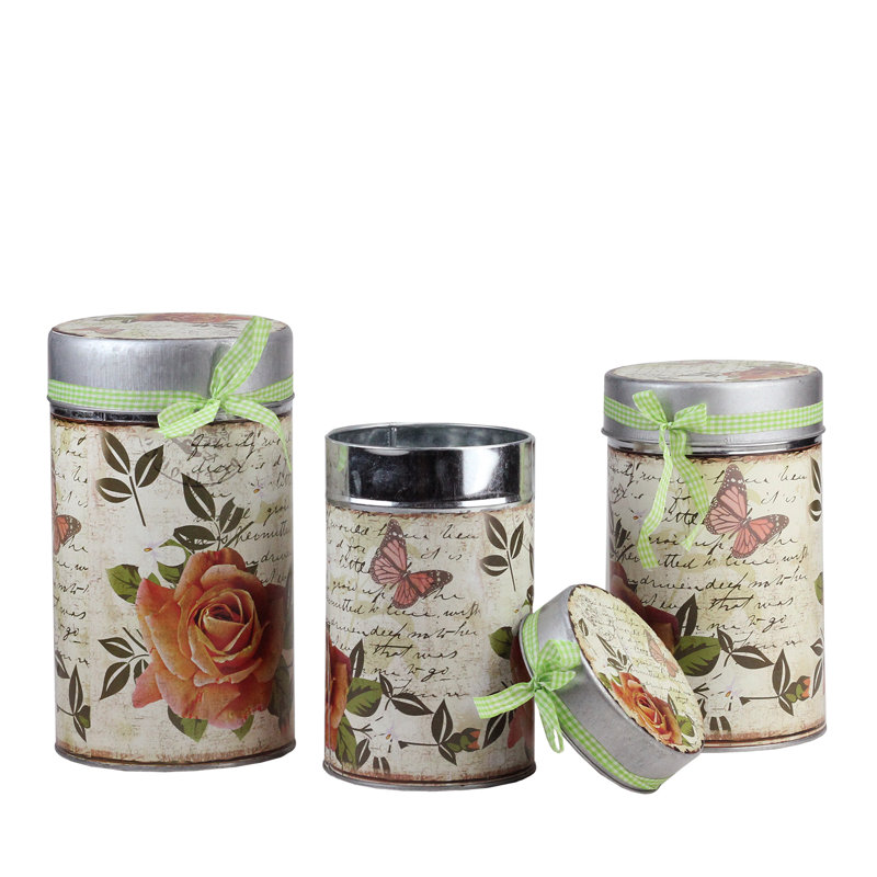 Ensemble de 3 contenants métalliques empilables floraux et papillons - 9,5 po