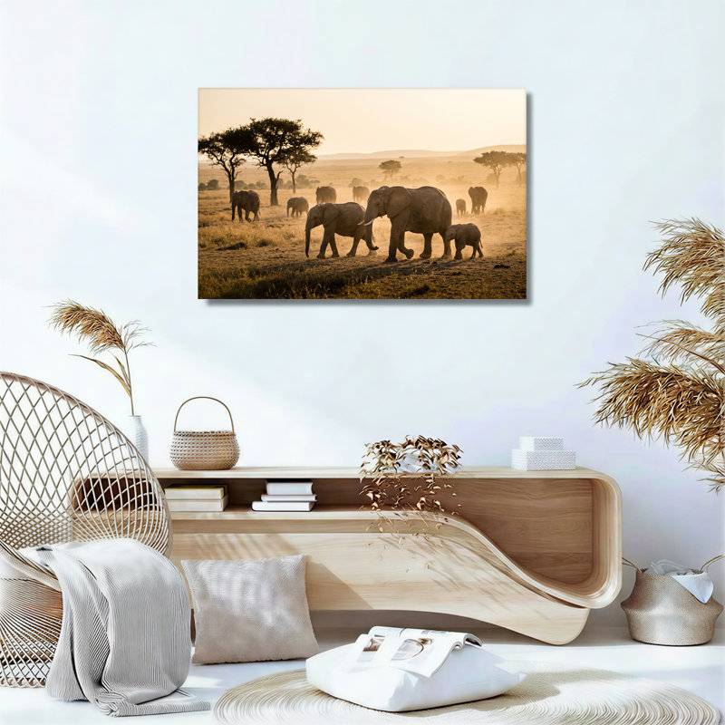 Art mural sur toile, "Éléphants d'Afrique marchant dans la savane dorée", H 16 po x l 24 po