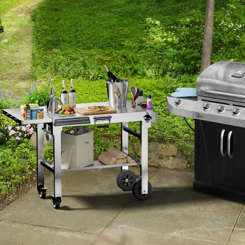 Table de gril portable pliable pour l'extérieur avec double tablette mobile et inoxydable