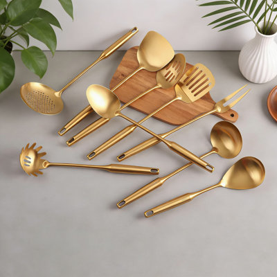 9-Piece Gold Kitchen Utensils Set - 18/10 Stainless Steel Cooking Tools, 15" All Metal Serving Utensils With Fork, Solid/Slotted Spoon, Spatula, Ladle, Skimmer, Turner, Pasta Spoon, Large Spoon