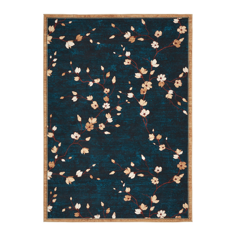 9x12 Area Rug for Living Room, Vintage Floral Rug, Washable Non Slip & Low Pile Carpet for Living Room, Bedroom, Dining Room, Blue