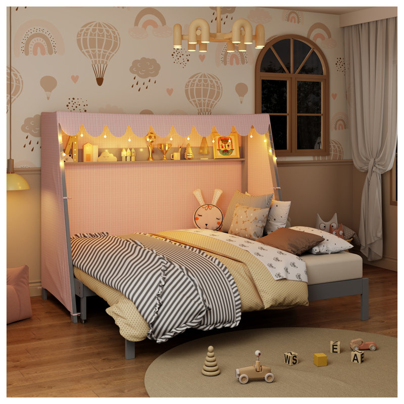 Structure de lit simple TG avec lit gigogne, tablette, tente et bande lumineuse - lit de jeu pour enfants en bois gris