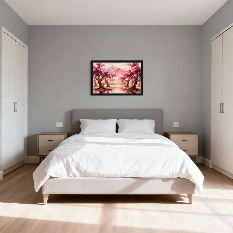 Tableau sur toile tendue représentant un paysage de montagne avec des cerisiers en fleurs, H 16 po x l 24 po