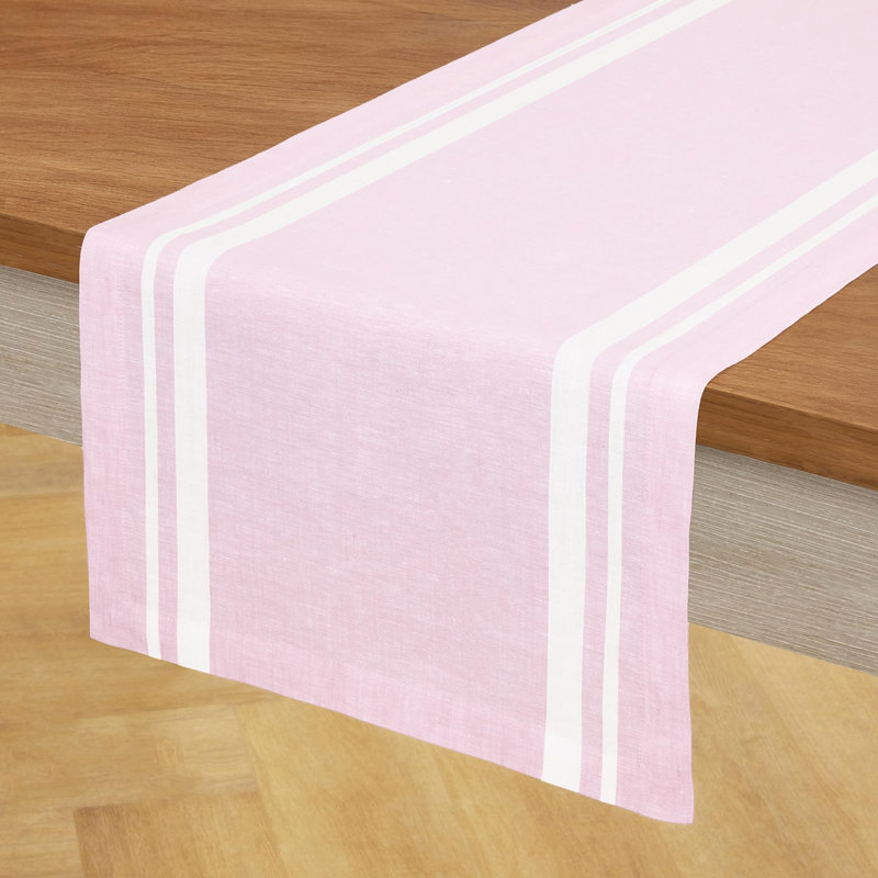 French Stripe - 100% Pure Linen Table Runner, 60" x 14", White/Dusty Pink