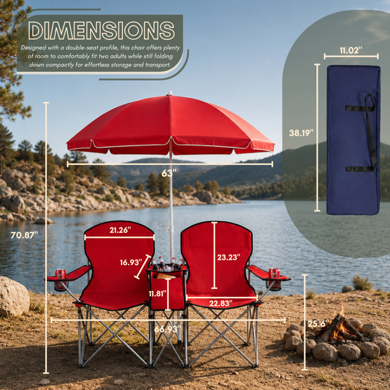 Causeuse d'extérieur avec parasol et glacière intégrée, Rouge