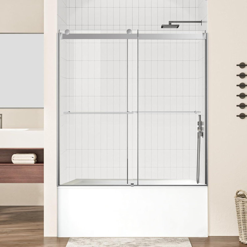 60"W X 60" H Double Sliding Frameless Tub Door With 5/16"(8mm) Clear Tempered Glass, Chrome
